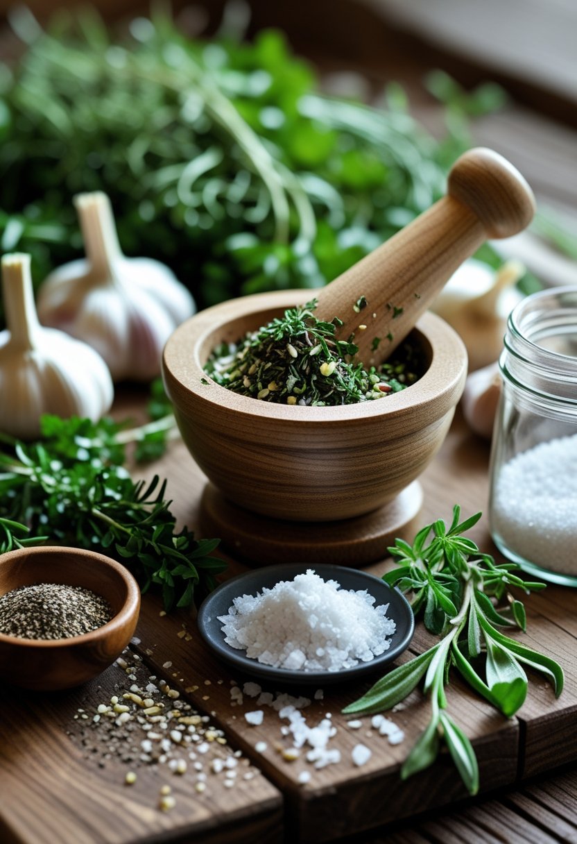 A kitchen table with fresh garlic and herb seasoning, green herbs, sea salt, black pepper, a wooden mortar and pestle, and a glass jar for seasoning.