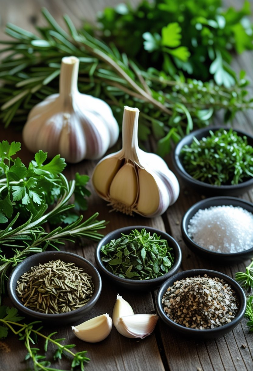 Fresh garlic bulbs, green herbs, and small bowls of dried herbs and spices arranged on a wooden surface leading to a garlic and herb seasoning.