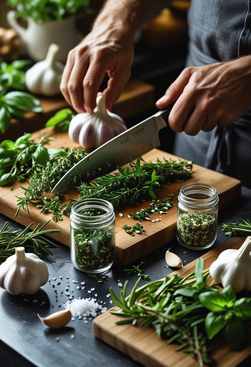 Hands chopping fresh garlic and herb seasoning on a wooden board with jars of homemade seasoning and fresh ingredients nearby.
