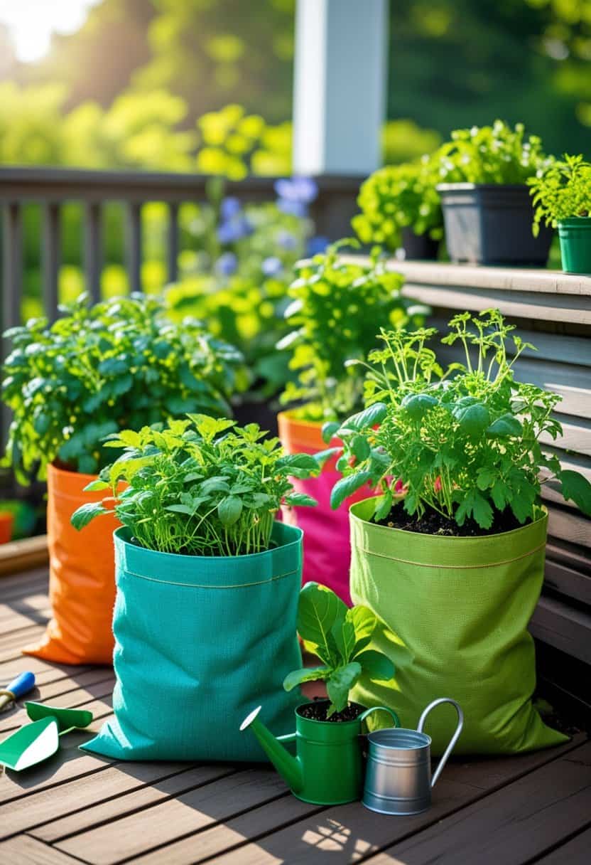 Container garden with green plants growing in fabric grow bags arranged on a wooden patio with gardening tools nearby.