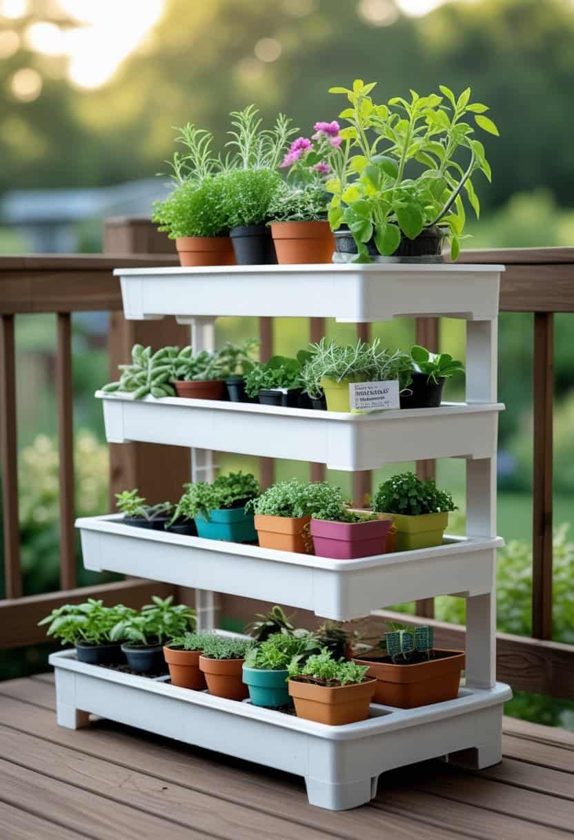 A 3-tiered planter rack made from white shelves holding various small potted plants outdoors on a wooden deck.