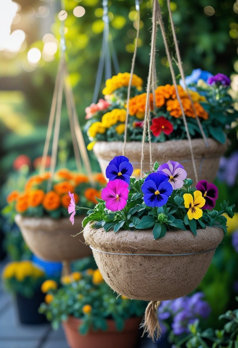Hanging baskets filled with colorful blooming flowers in a garden setting.