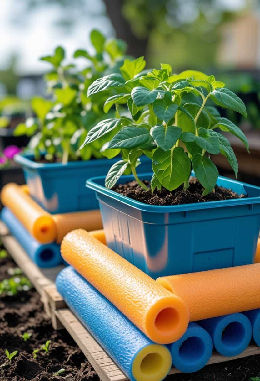 Close-up of plastic containers with green plants elevated on colorful pool noodles outdoors.