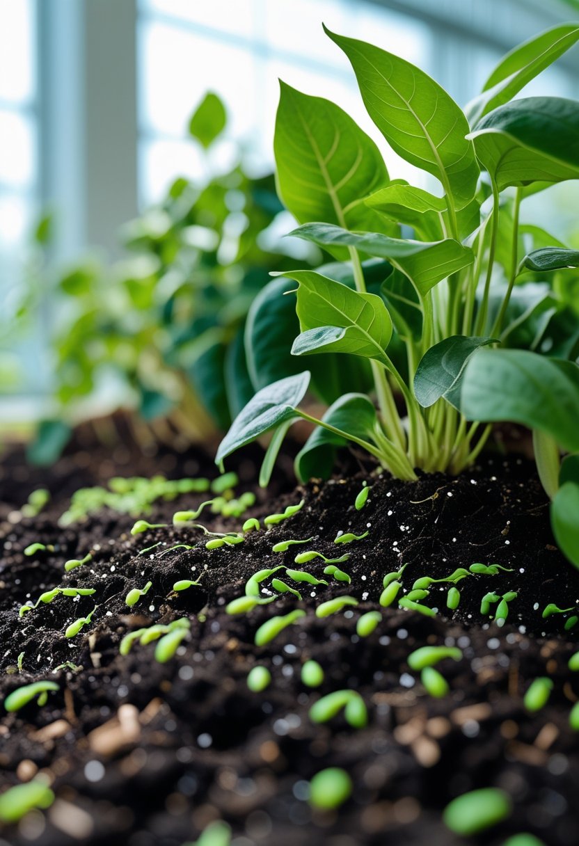 Close-up of green potted plants with soil showing beneficial nematodes for fungus gnats