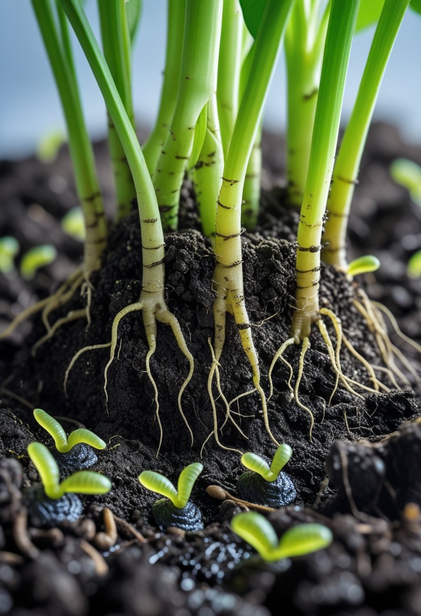 Close-up of plant roots in soil with tiny nematodes and fungus gnat larvae visible around the roots.