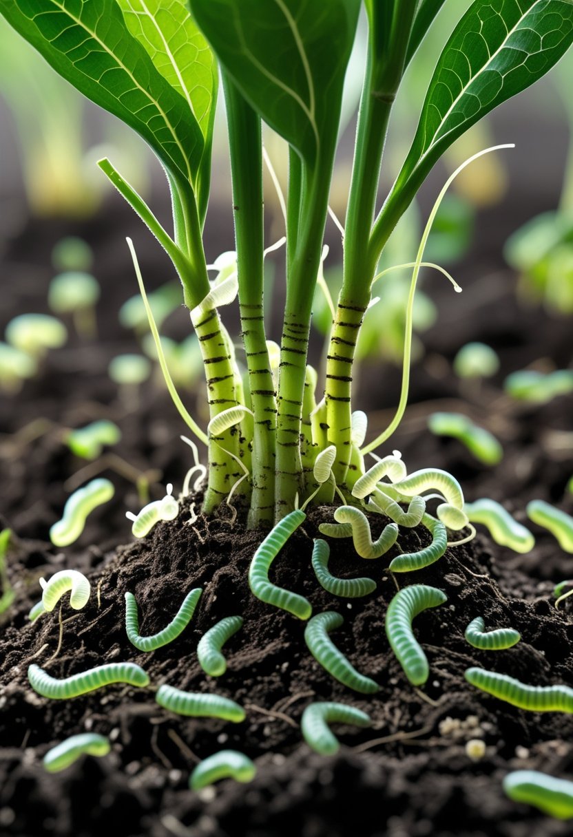 Close-up of plant roots in soil with tiny worm-like nematodes among the soil particles, showing biological pest control of fungus gnats.