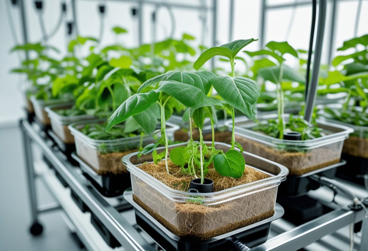 Hydroponic grow pods filled with coir and green leafy plants arranged on a metal rack in an indoor setting.