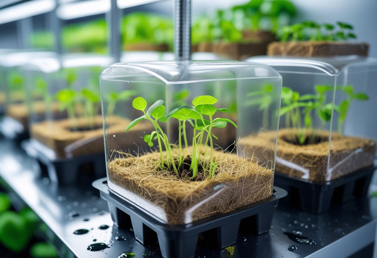 Hydroponic grow pods filled with coir showing green seedlings growing indoors on a modern shelf.