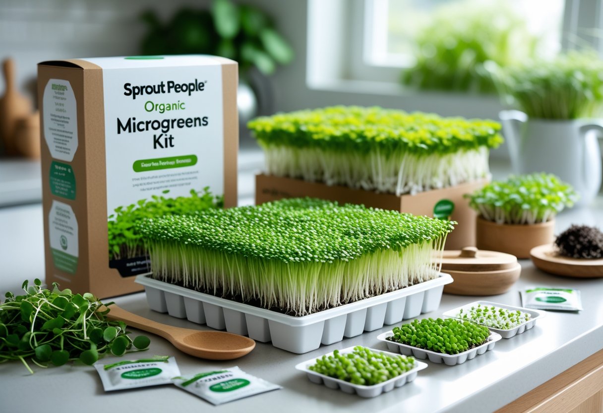 A microgreen grower kit with trays of fresh green microgreens on a kitchen countertop surrounded by gardening tools and seed packets.