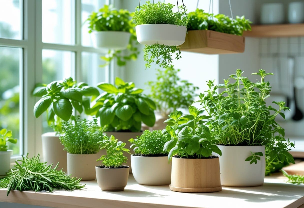 Various green herbs growing indoors in pots, hanging planters, and a vertical garden near a sunny window in a modern kitchen.
