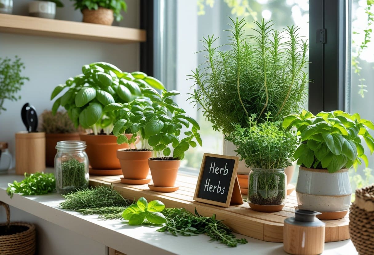 Indoor herb garden with various fresh herbs in pots and hanging planters near a sunlit window on a wooden shelf.