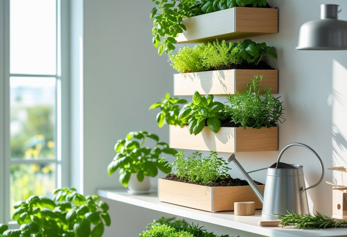 A vertical indoor herb garden with multiple tiers of green herbs growing near a sunny window in a modern kitchen.