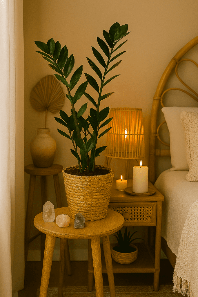 A ZZ plant in a woven basket on a boho shelf with candles and crystals, relaxed bedroom vibe