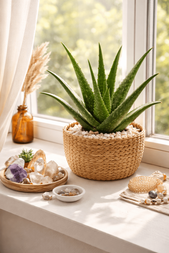 An aloe vera plant on a boho windowsill with sunlight and healing crystals nearby