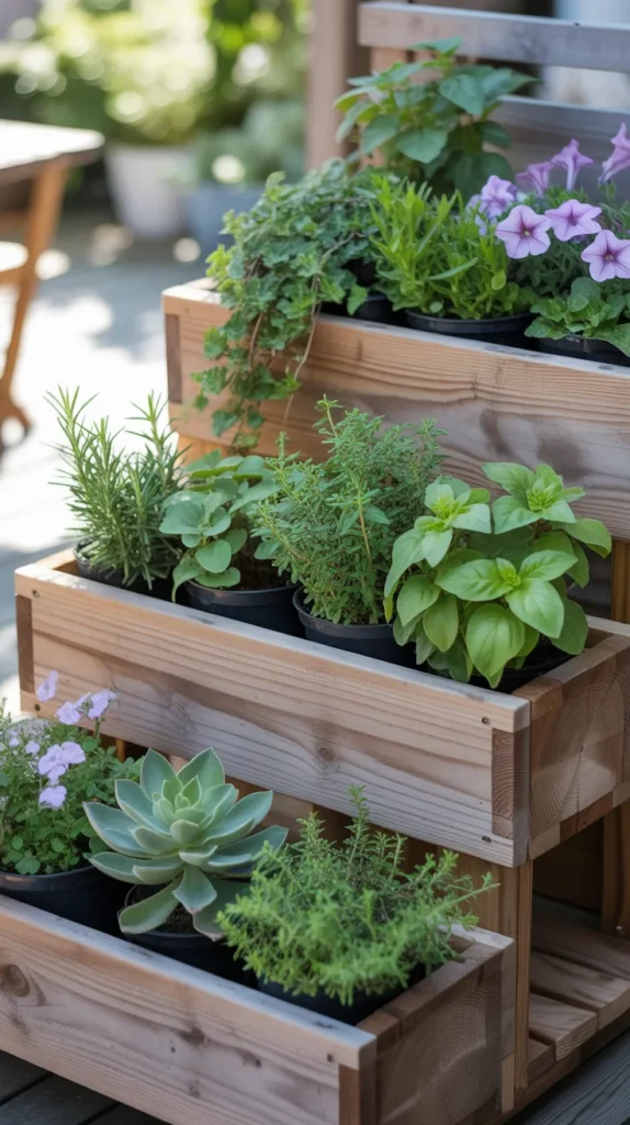 Compact Tiered Planter Boxes with a variety of different plants