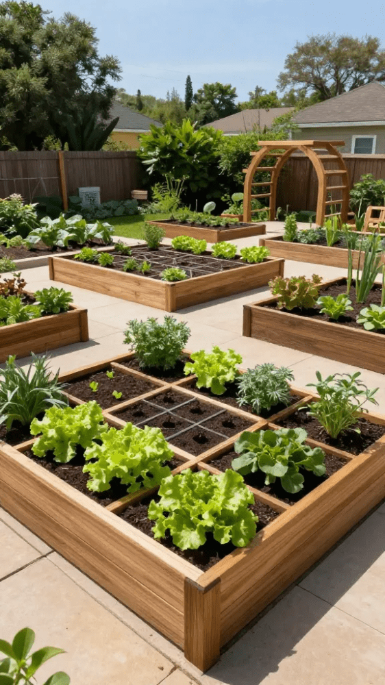 Multiple raised garden beds using the Square Foot a Gardening Method, beginner basic vegetable garden layout​