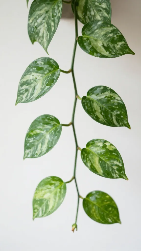 closeup of pothos trailing vine with glossy variegated leaves, which is one of our easy indoor plants 
