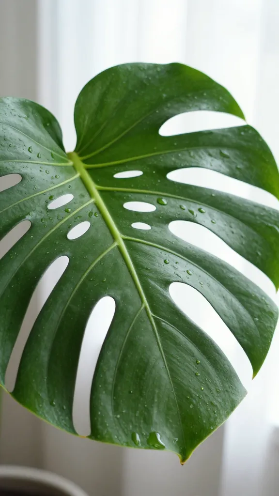 closeup of monstera leaf with water droplets, soft window light