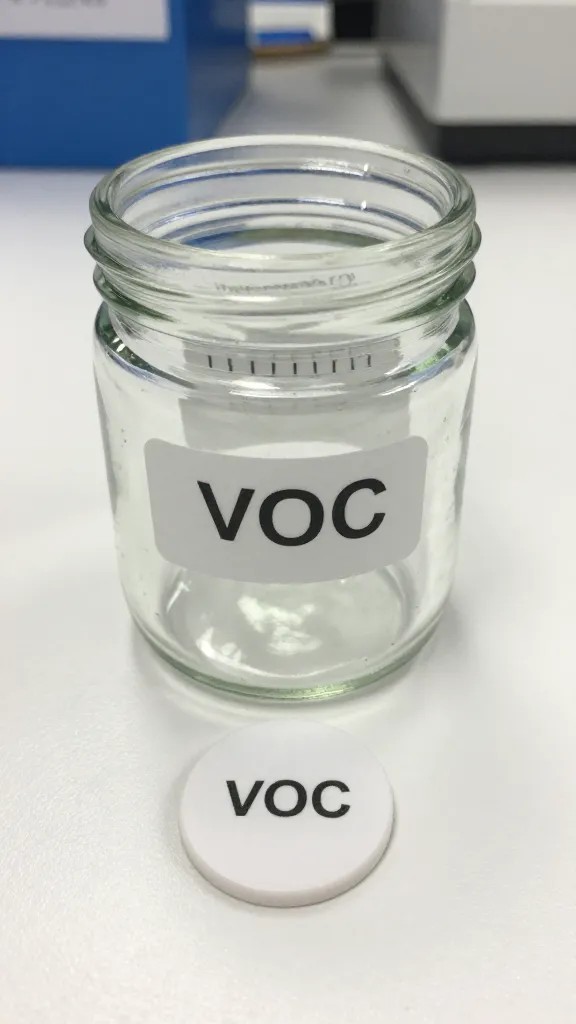 glass jar of VOC test badge on white desk, shallow depth