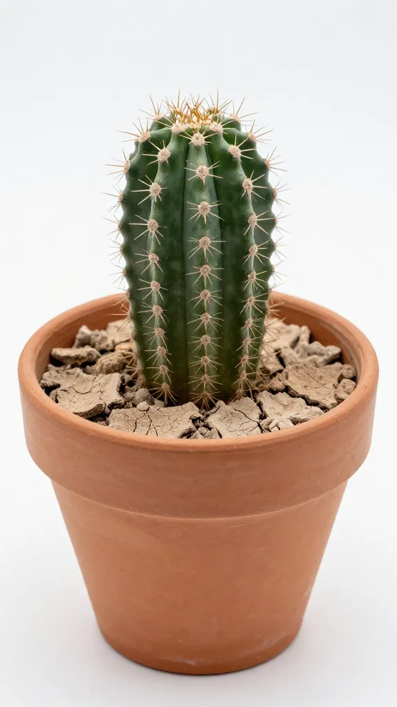 single terracotta pot with cactus, dry cracked soil closeup