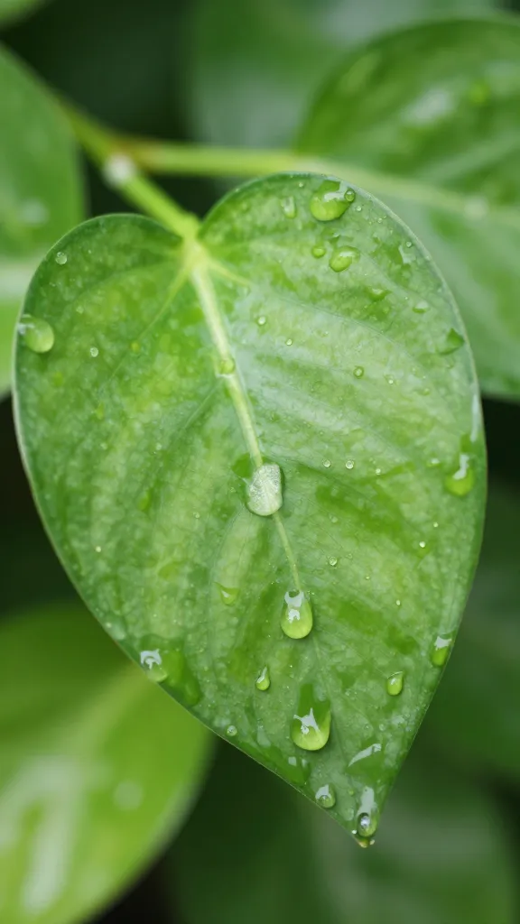 pothos leaf with water droplet at node, macro shot