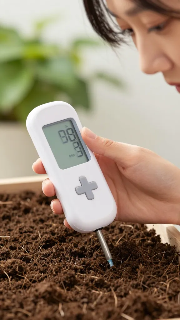 closeup of moisture meter in potting soil, natural window light