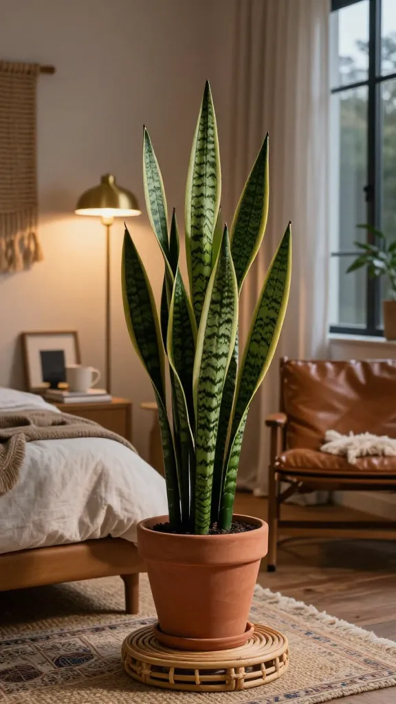 A snake plant in a ceramic pot in a minimalist boho room