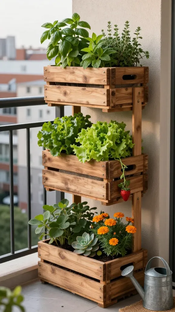 A stylish vertical balcony garden made from stackable wooden crates, arranged as a tall, stable tower on an apartment balcony