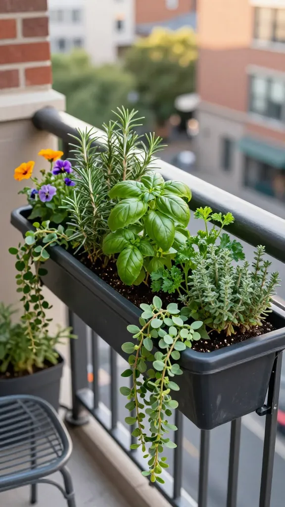 A tiny urban apartment balcony showcasing a hanging rail planters as the focal point. A sturdy black metal balcony railing holds a matte charcoal self-watering rail box attached with adjustable, heavy-duty brackets. 