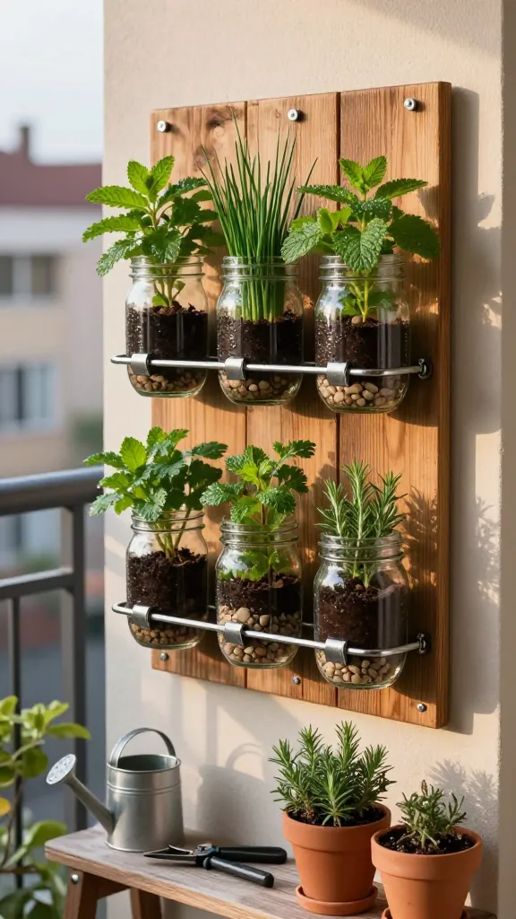 Mason jars with herbs in them on a wooden sign outside on a balcony
