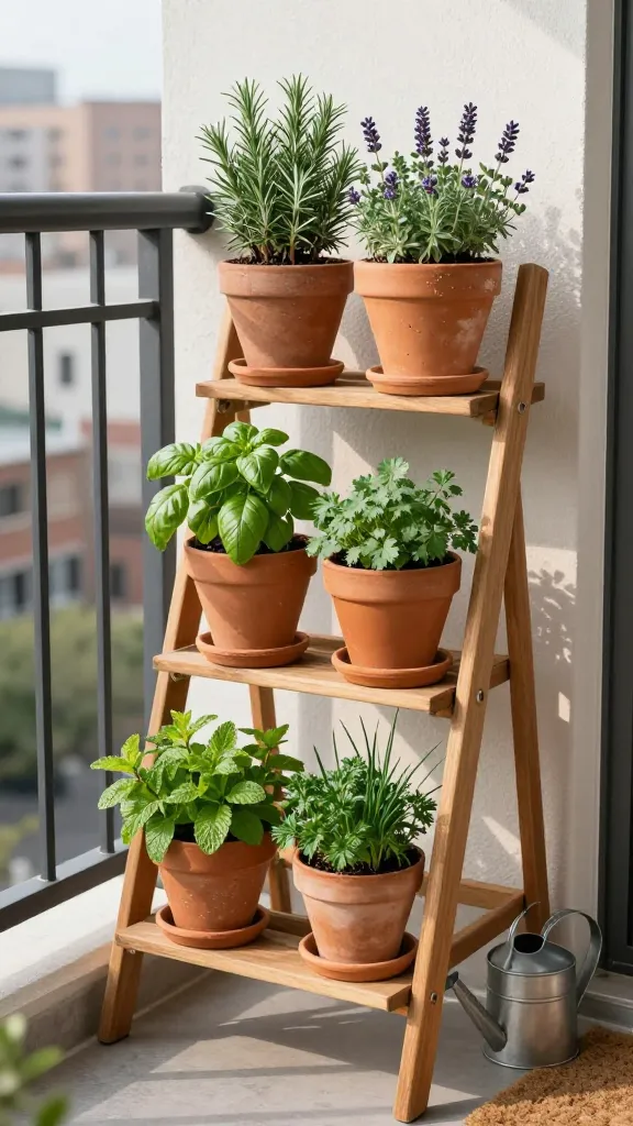 Herbs on a ladder type shelf