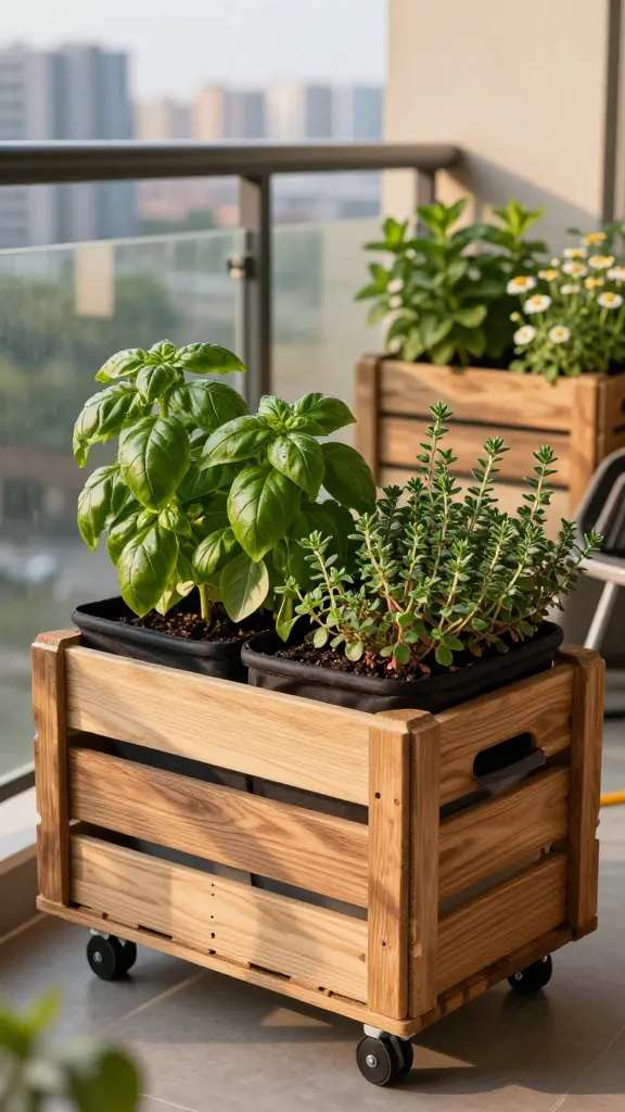 wooden garden box on wheels on a balcony
