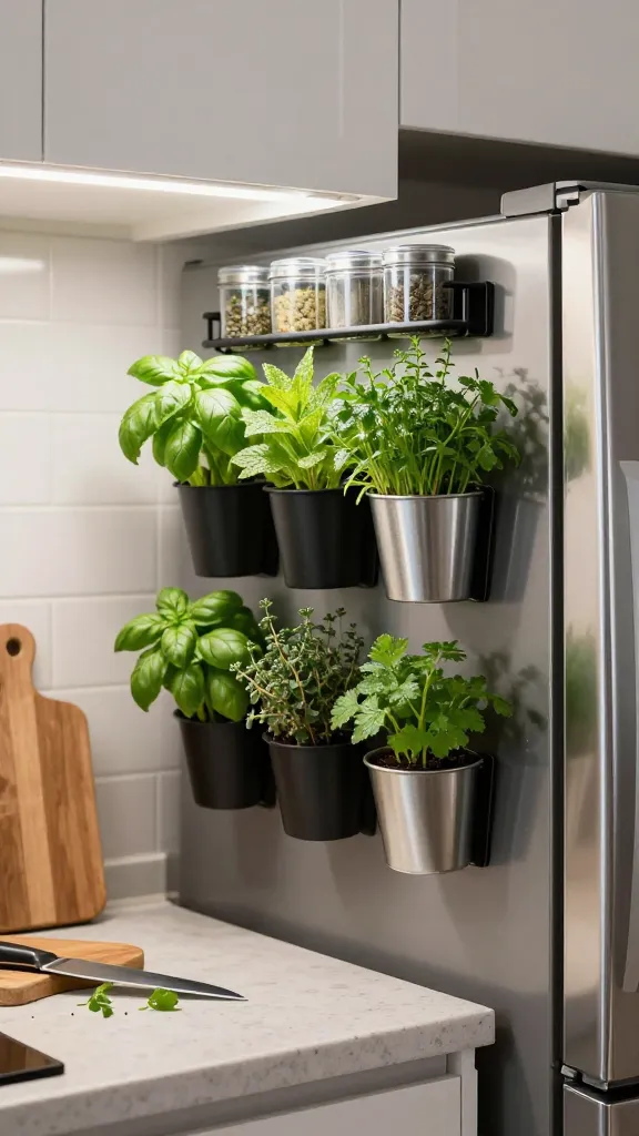 herbs on magnetic jars connected to a fridge