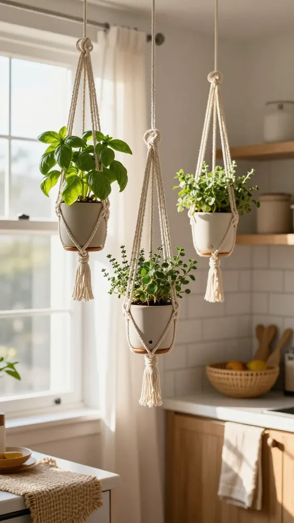 hanging herb baskets in a kitchen