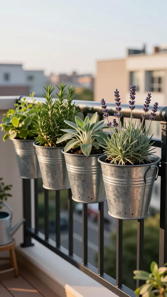various herbs on a balcony in steel cups