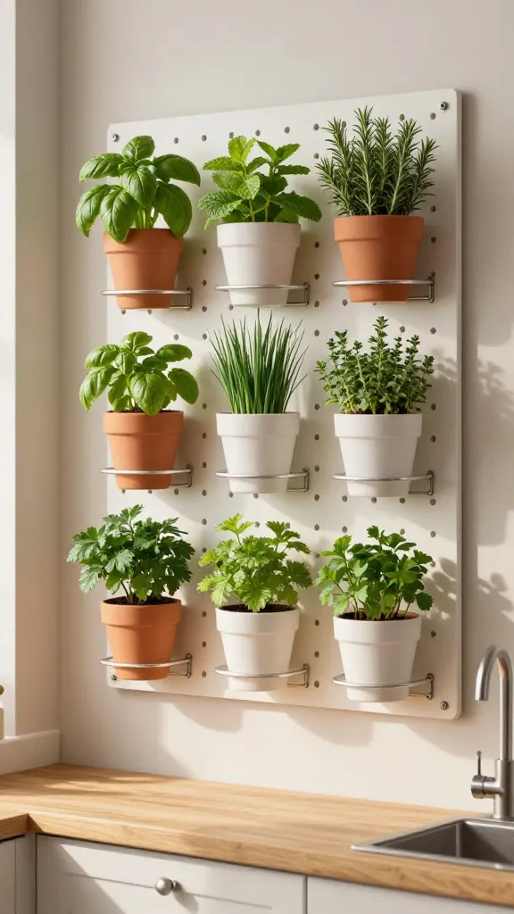 cups with herbs mounted on a pegboard
