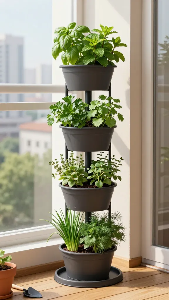 herbs in a stackable planter on a covered patio