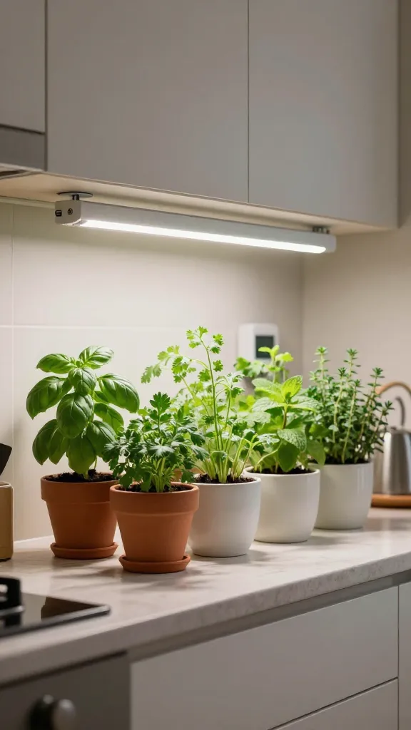 plants under a  grow light in a kitchen
