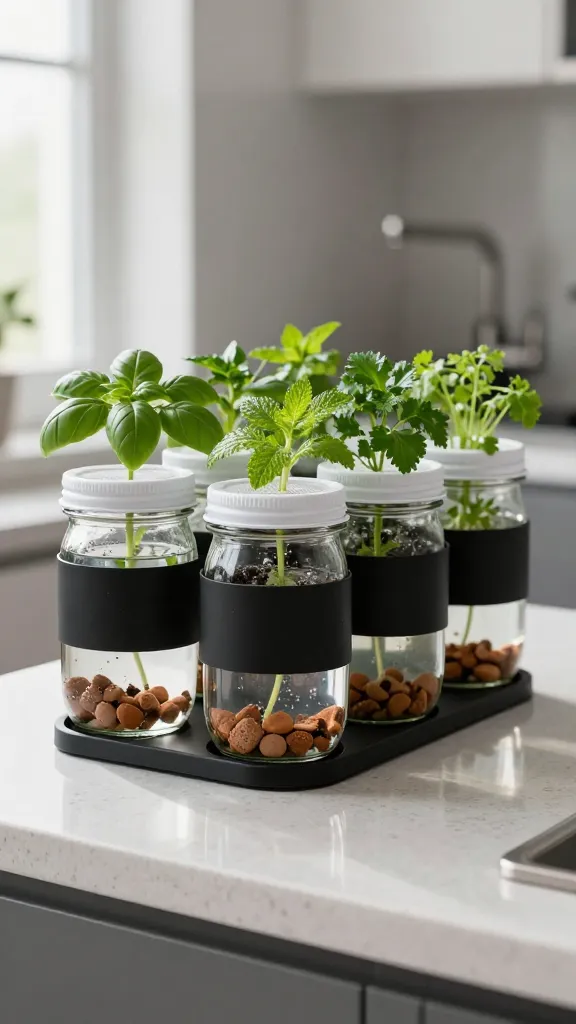 mason jars with plans growing in them in water