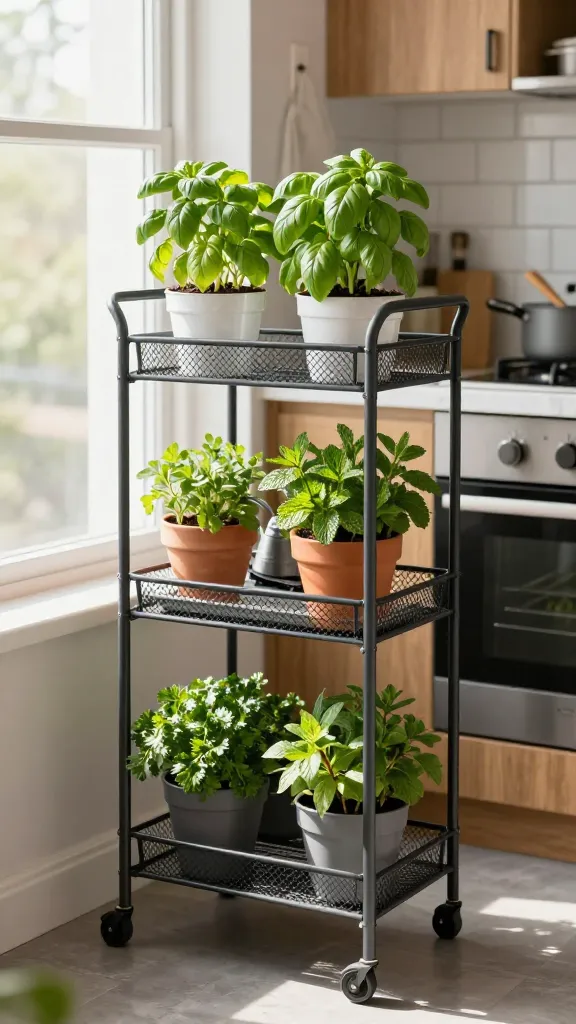 a rolling cart of herbs in a kitchen
