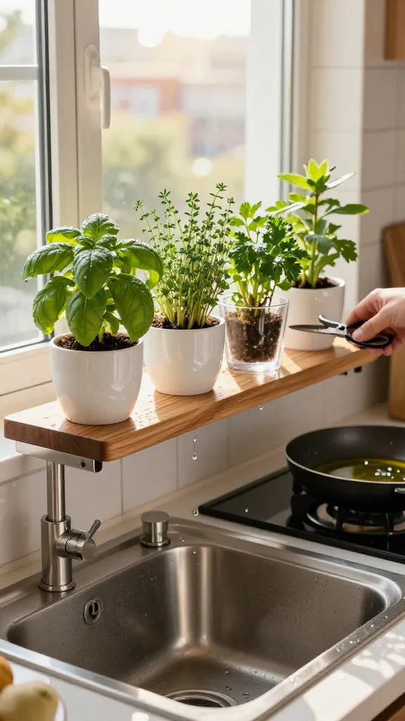 shelf sitting over a sink with various herbs growing on it in cups
