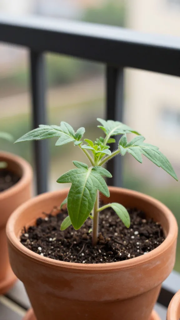 closeup of tomato seedling in terracotta pot on balcony rail