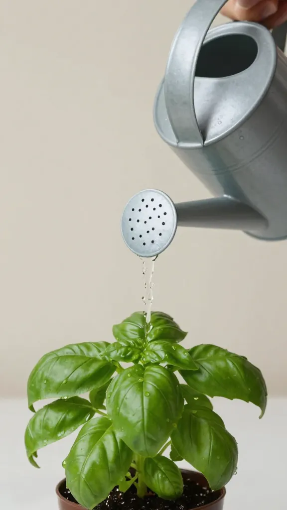 single watering can pouring onto basil in small container