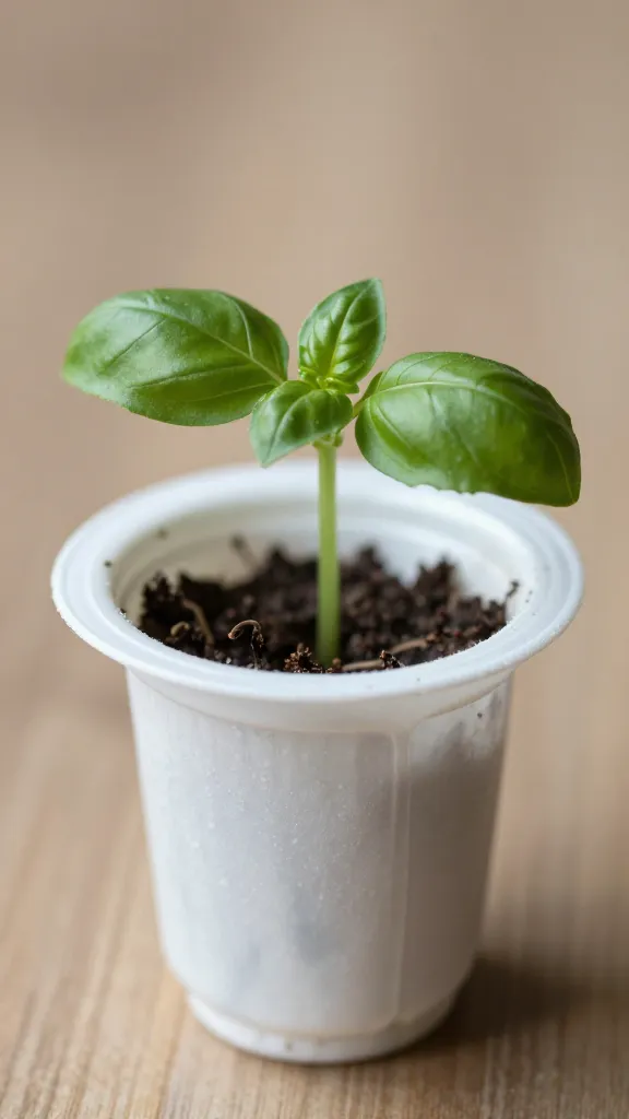basil seedling in recycled yogurt cup, macro shot