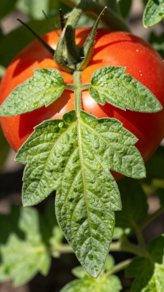 closeup tomato leaf in harsh midday sun, crisp shadows