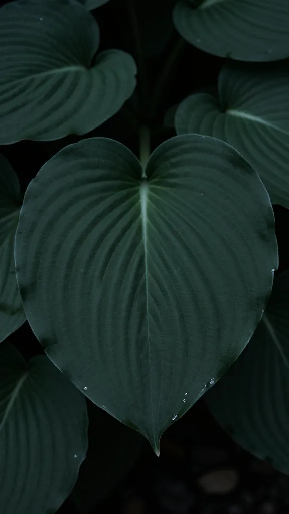 hosta leaf in deep shade, soft ambient light
