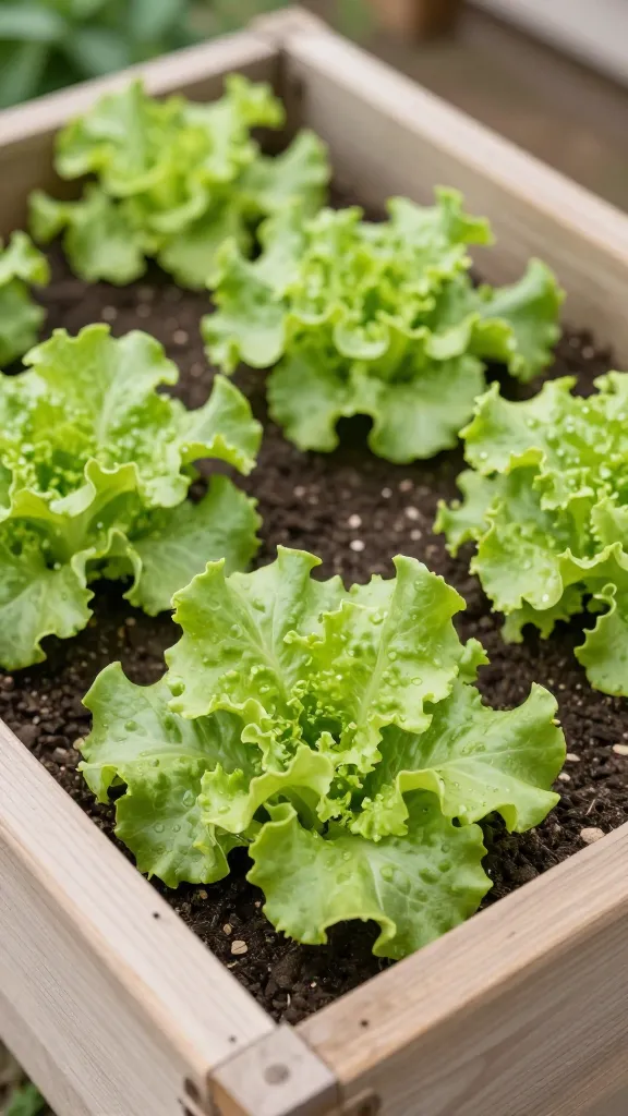 closeup of a 4x4 wooden raised bed with young lettuce