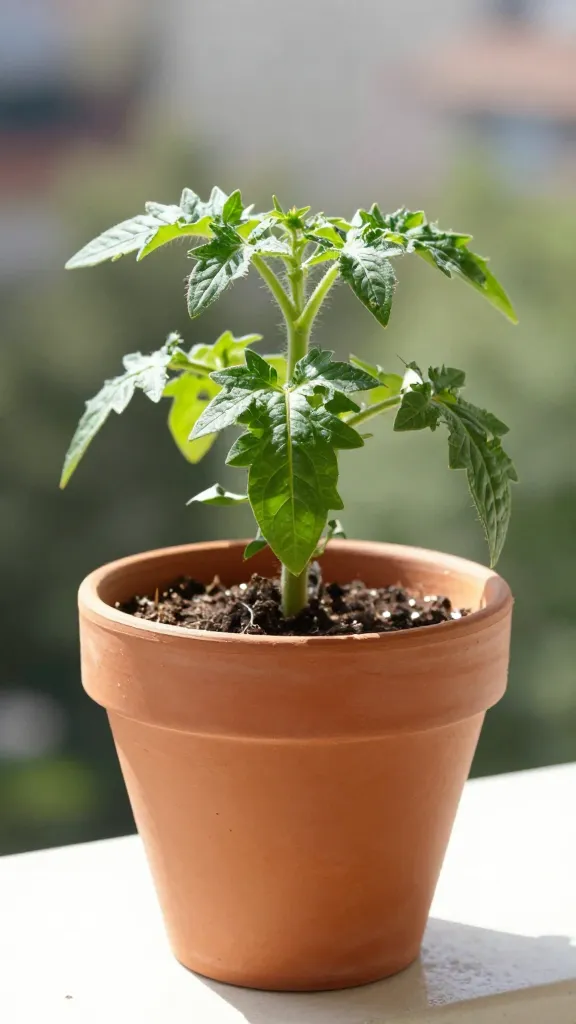 single terracotta container tomato plant on sunny balcony