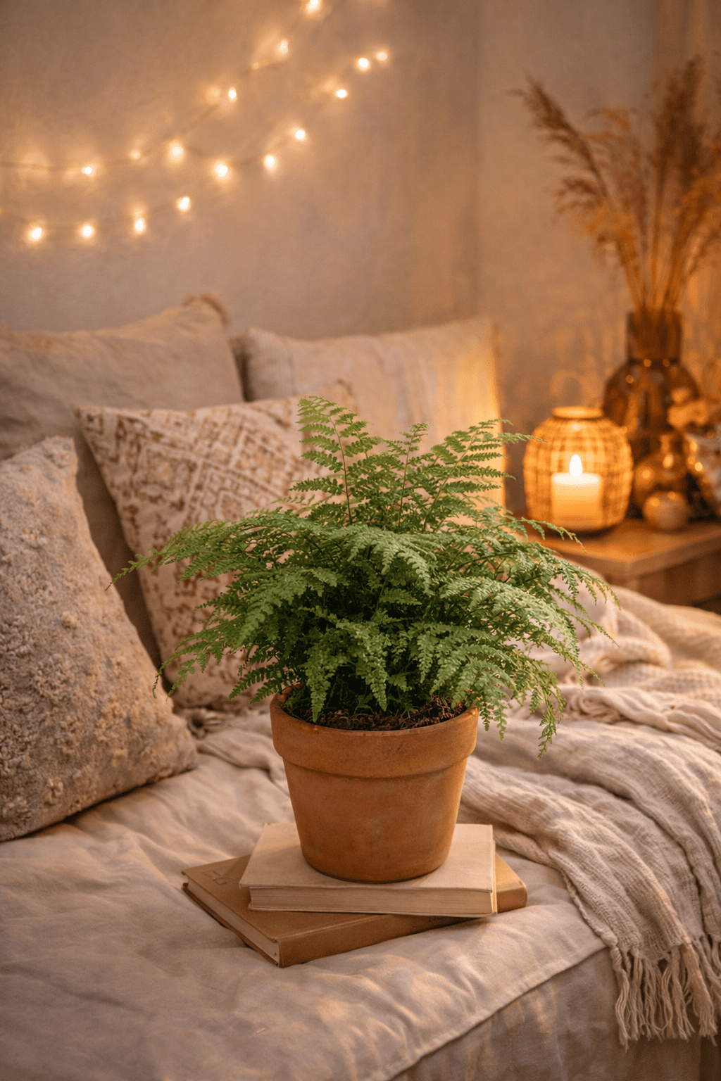 Beautiful fern in a boho bedroom