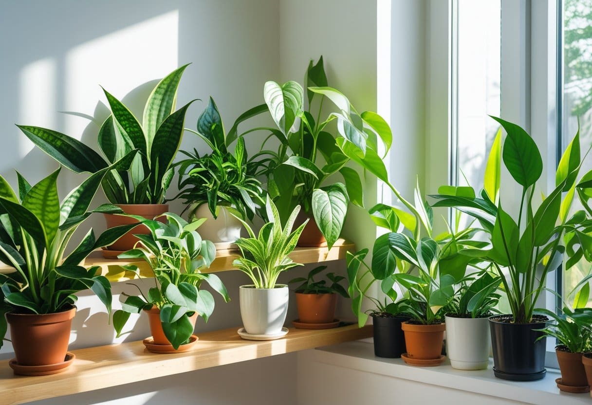 A collection of the best low maintenance indoor plants for beginners like snake plants, pothos, spider plants, and peace lilies displayed on shelves and a windowsill with sunlight coming through a window.